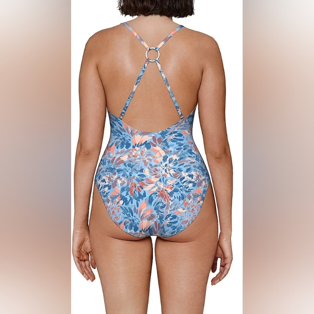 FREELY Blue Orange Swimsuit Size S Floral Ring Back One Piece Wild Flower Wired - Picture 2 of 16